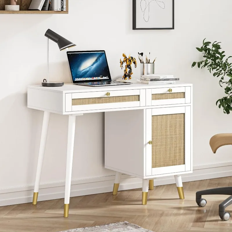 

Rattan Vanity Desk with Drawers and Storage, Makeup Vanity Table Modern Home Office Desk Computer Desk for Study