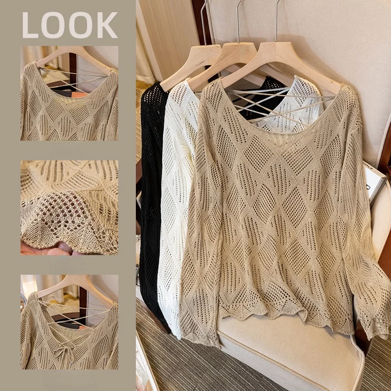 Haut tricoté ajouré pour femmes, grande taille, début d'automne, gros MM, Design coréen, Sensation amincissante, Long, Sve irt
