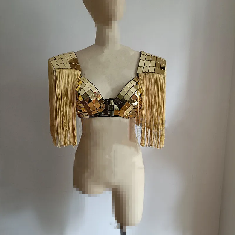 

Gold Silver Mirror Tassel Bra Armor Women Singer Dancer Bar Nightclub Performance Stage Wear Sequins Bikini Party Festival Show