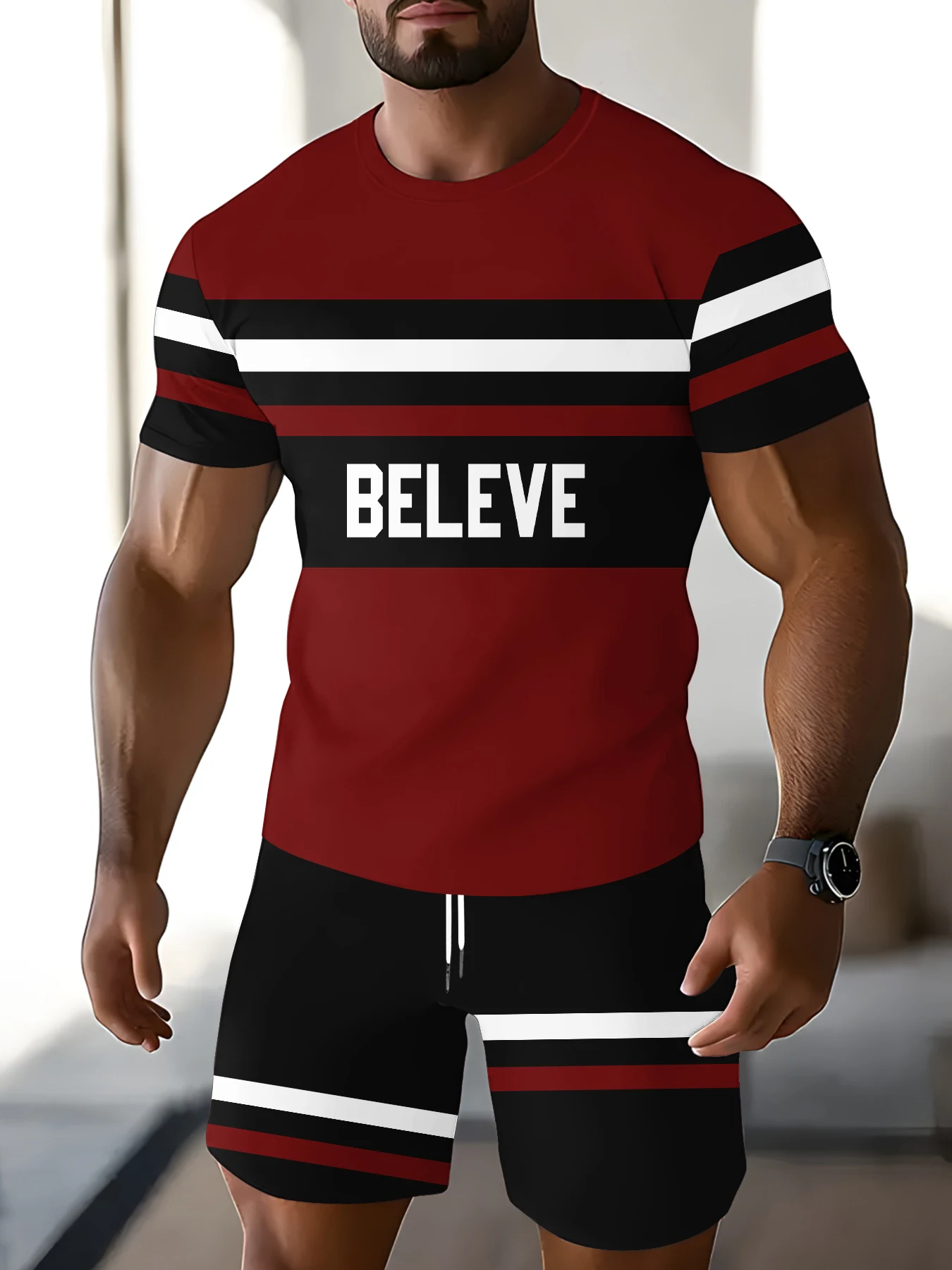 

Универсальный повседневный наряд для мальчиков. Красная и черная футболка с контрастным принтом и шорты. Удобный комплект из двух предметов для выхода на выход.