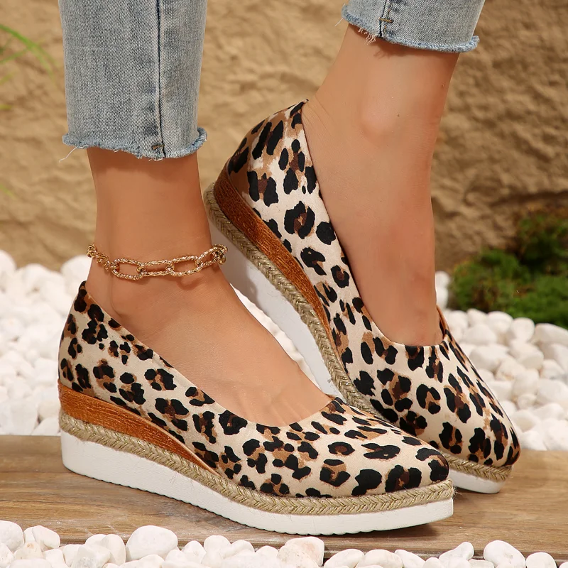 Espadrilles shoes for Women wedges high heel pumps Leopard platform round toe wedding party shoes office lady comfort shoes