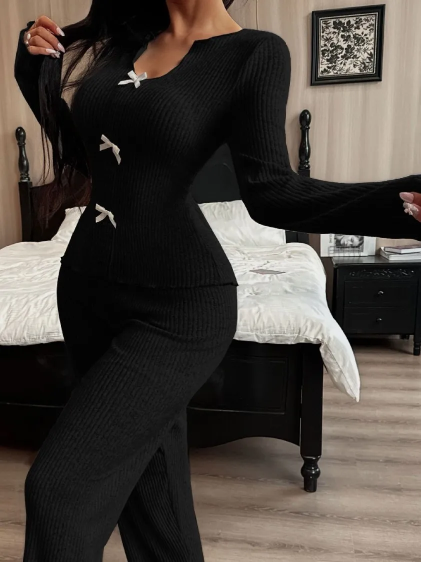 Vrouwen V-Ne Gebreide Trui Lange Sve Spwear Set Casual Sle Herfst Winter Thuis Kleding Tweedelige Set Europese Crt