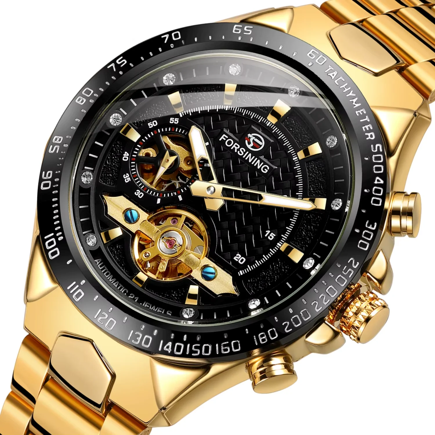 FORSINING Men's and women's watches Simple wind flywheel nail scale mechanical watch Steel strap Wrist Watch Gold watch