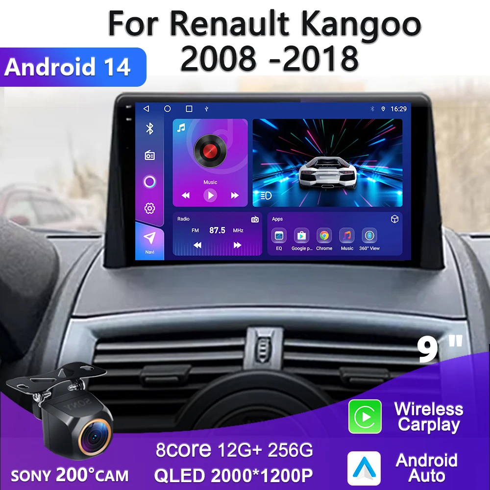 

Автомобильный DVD-диск с экраном 2K Incell Android14 для Renault Kangoo 2009 2012 2015 ~ 2018, GPS-навигация, высокопроизводительный стерео головное устройство с процессором