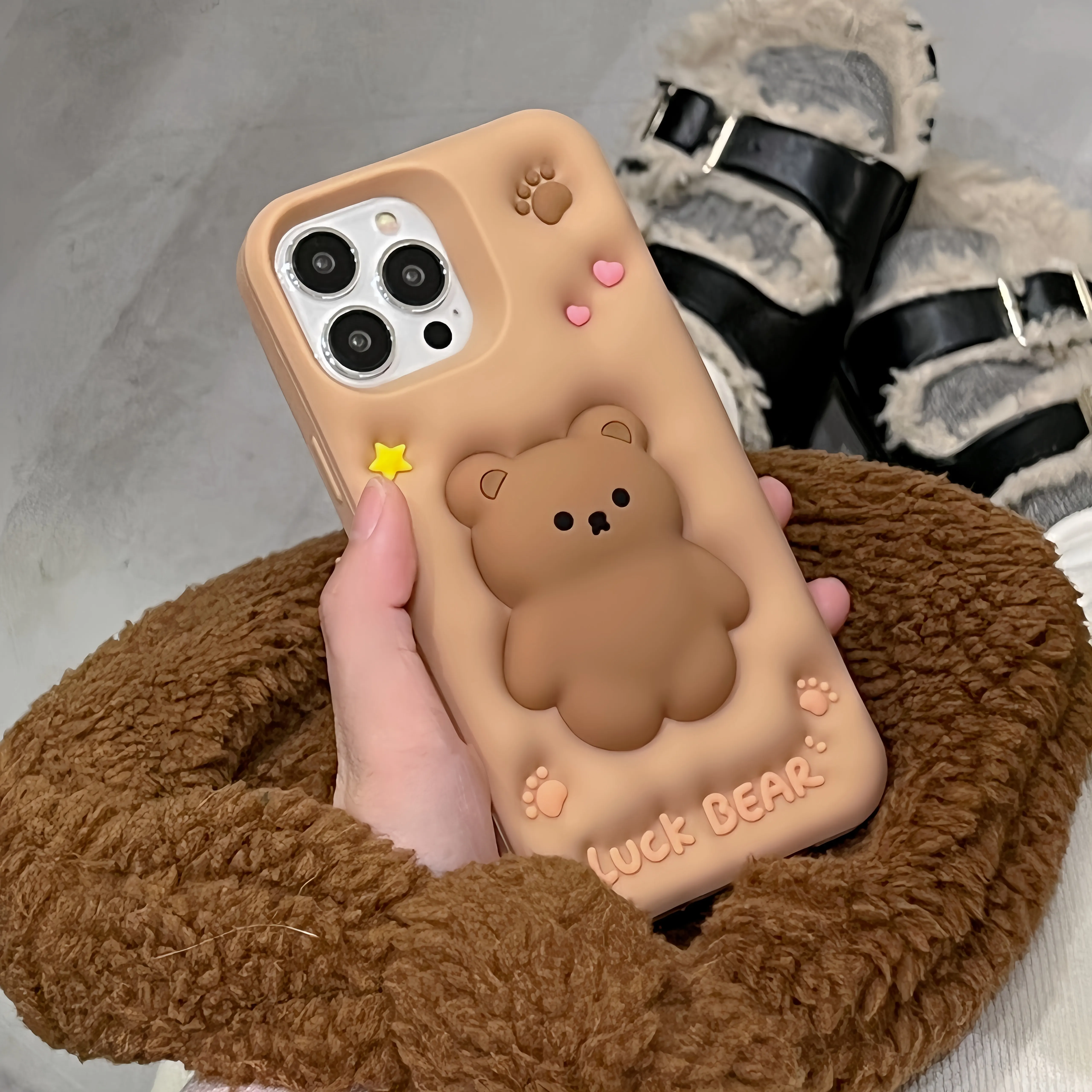 3D Cute Cartoon Luck Bear Soft Silicone Phone Case for iPhone 15 14 13 12 11 Pro Max Reliver Stress Shockproof Back Cover Shell