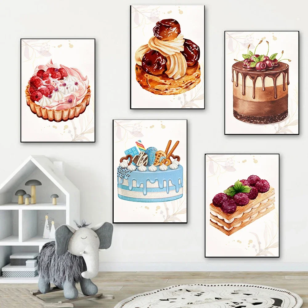 Cartoon Watercolor Birthday Cake Chocolate Art Canvas Painting Wall Poster Print Dessert Shop Restaurant Room Home Picture Decor