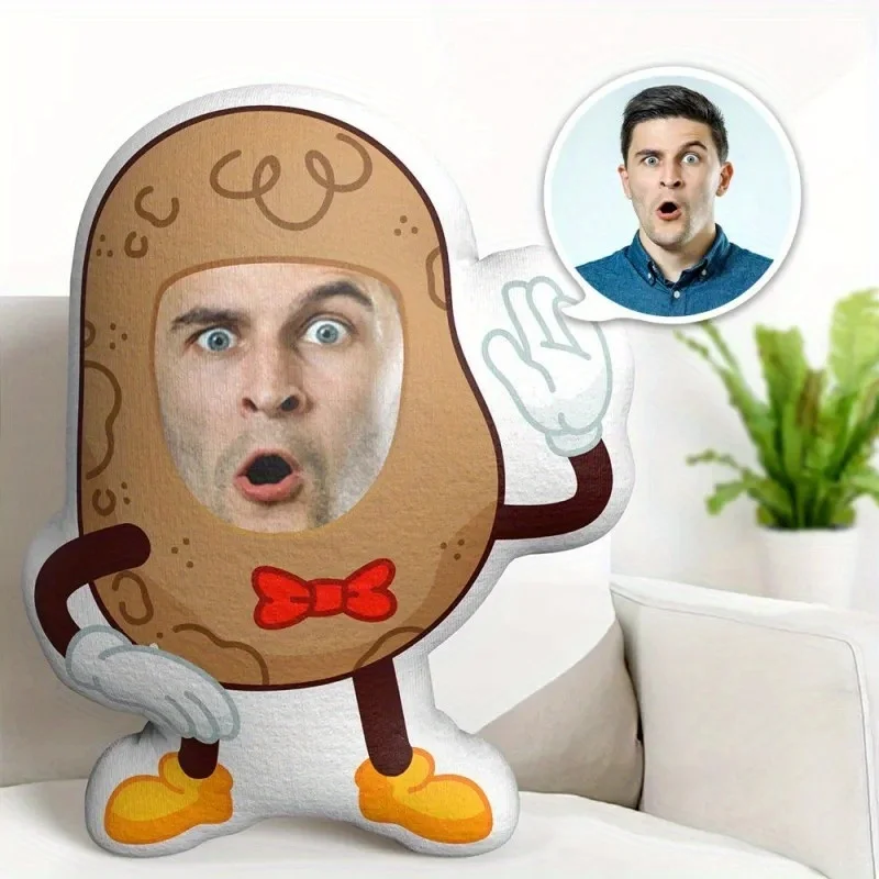 1 Personalized Potato Mr. Face Pillow Customized Photo _ Emojis, Soft Plush Potato Shaped Pillow with Emotionally Rich Eyes, Nos