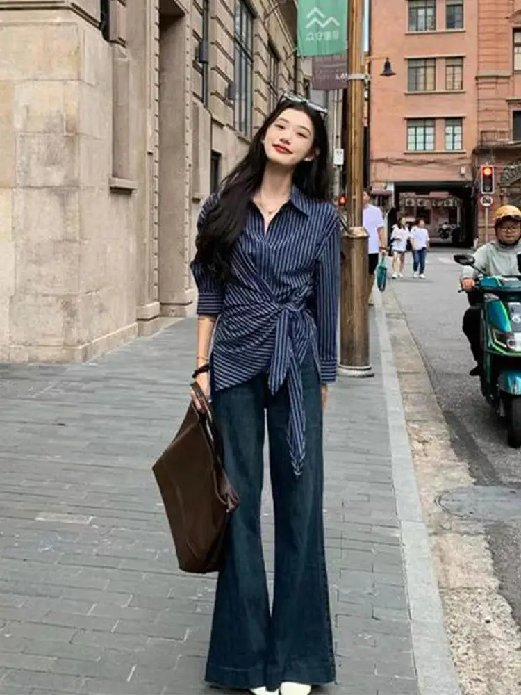 

Slim Fit Striped Shirt Women's Spring Autumn Long Sleeve Shirt Waist Cinching Design French Style Fashionable plus Size Top