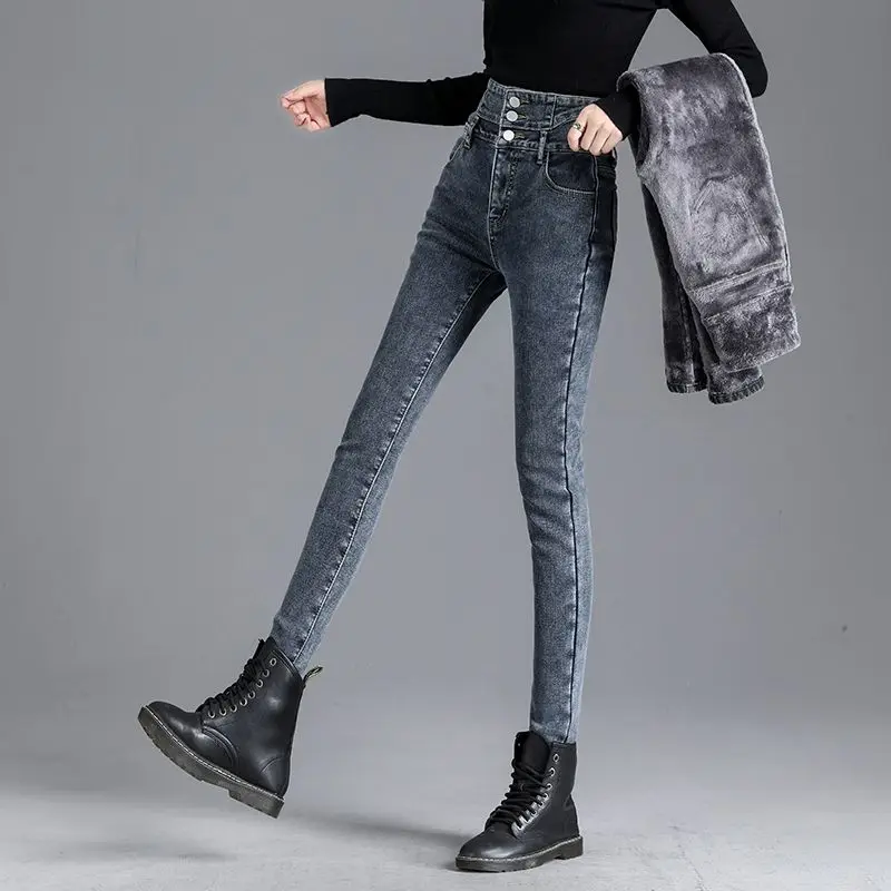 

Skinny Women's Stretch Jeans Slim Fashion Korean Pencil Pants Winter Vintage Black Gray Blue Washed Mom Jeans Leggings XK127