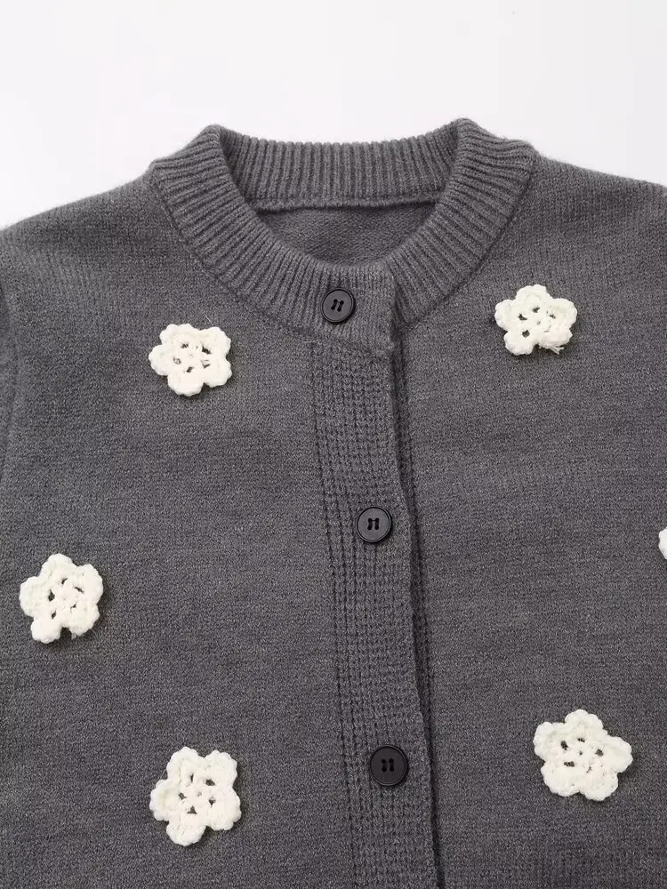 Tangada 2024 Women Elegant Flower Decorate Cardigan Sweaters Buttons Long Sleeve Female Jumper 6H361