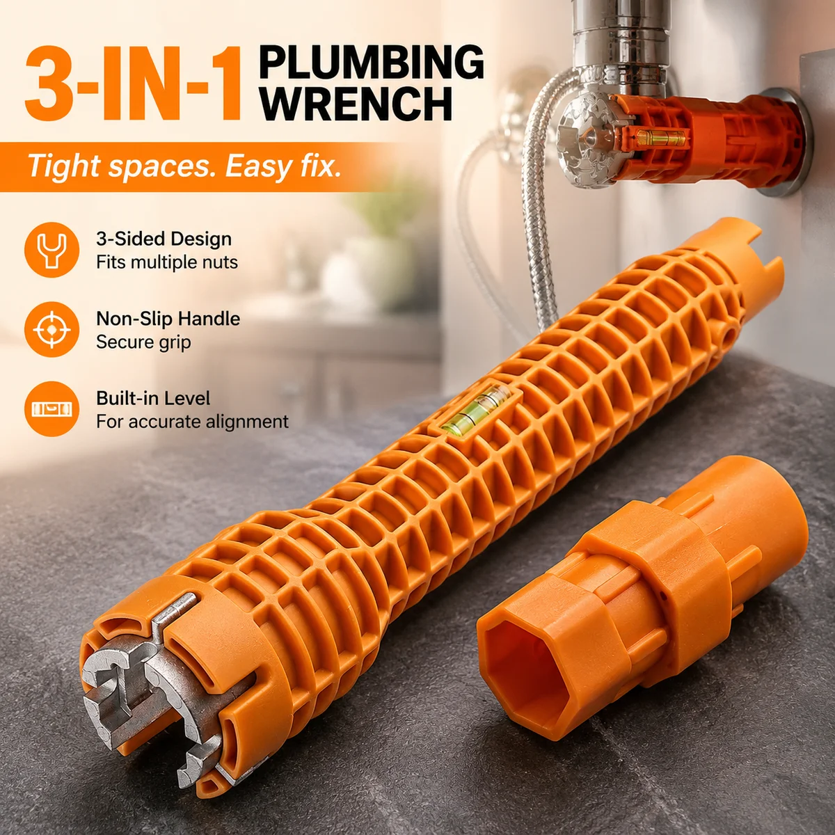 3-in-1 Plumbing Wrench Multi-Head Sink Faucet Tool with Level, Anti-Slip Handle for Pipe Nuts Angle Valves