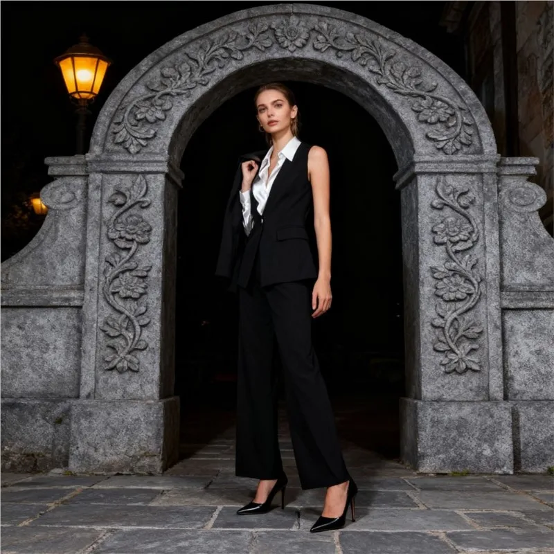 EDGLuLu 2025 Winter Women's New One Shoulder Long Sleeved Coat+Design Irregular Straight Leg Pants Black Suit 1206