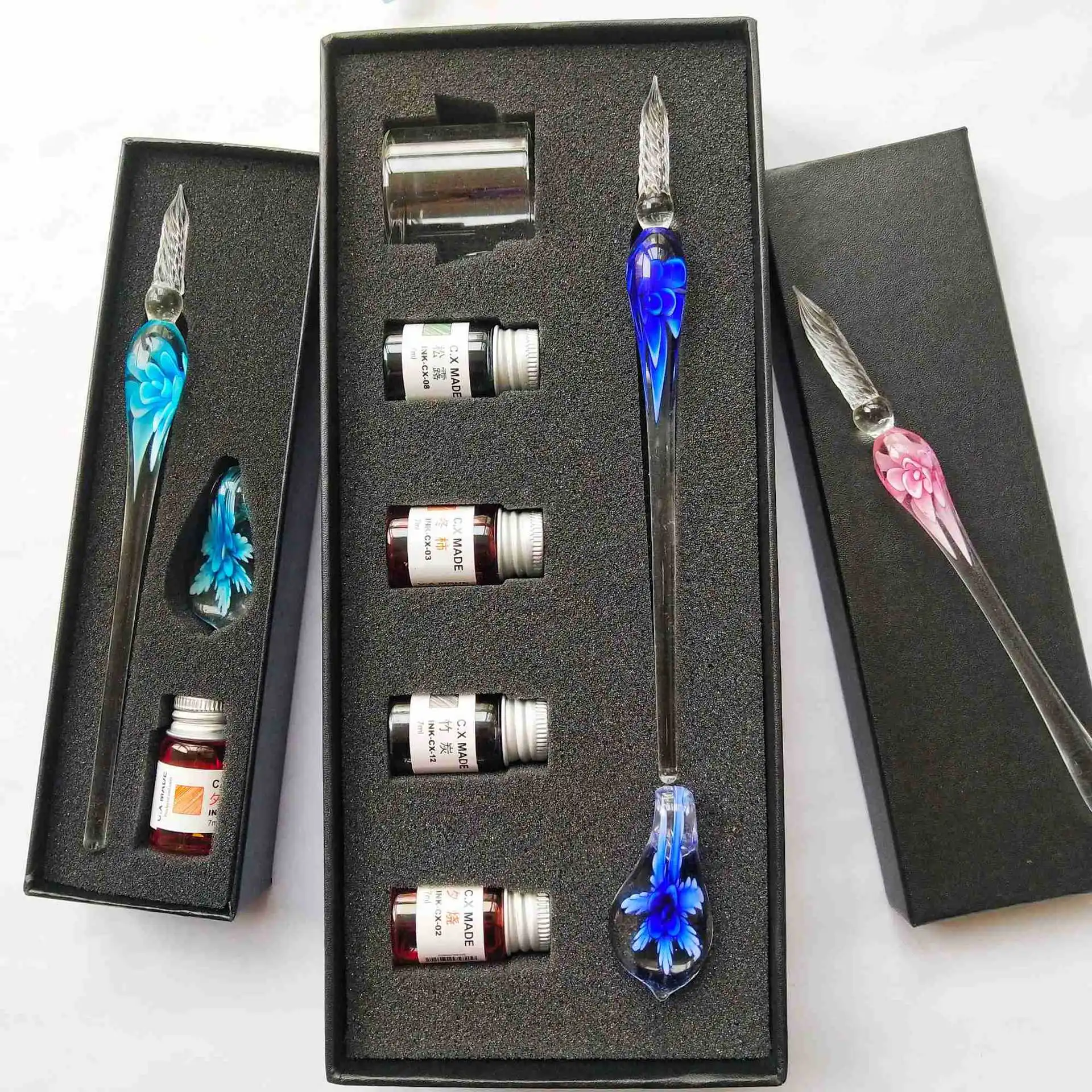 

Embedded Flower Glass Pen Set Starry Sky Gold Powder Color Ink Dip in Water Pen Gift Box for Friends and Students as Gift Pen
