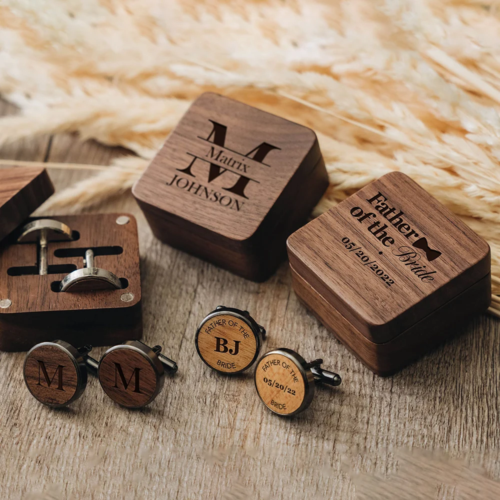 Personalized Custom Cufflinks Men Wooden Boutique Shirt Sleeve Tacks with Magnetic Lid Wooden Box Wedding Party Groomsmen Gifts