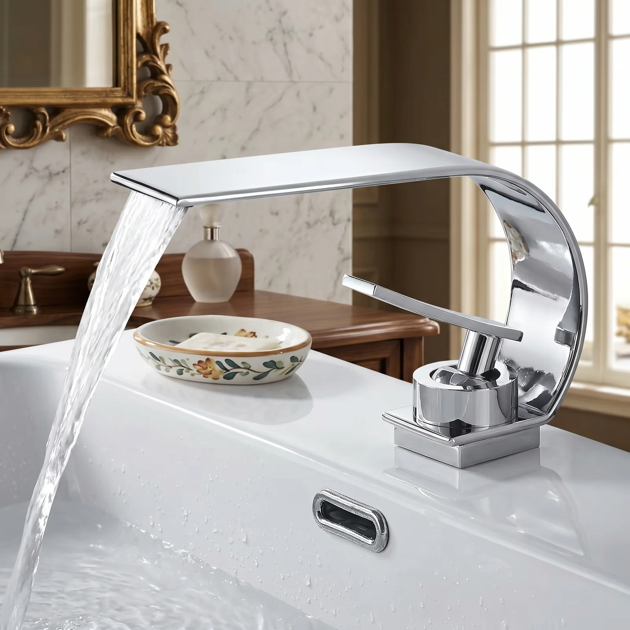 Grifo curvo Cascada Luna Creciente, grifo de agua fría y caliente, lavabo creativo para baño, lavabo bajo encimera para el hogar, diseño dragón