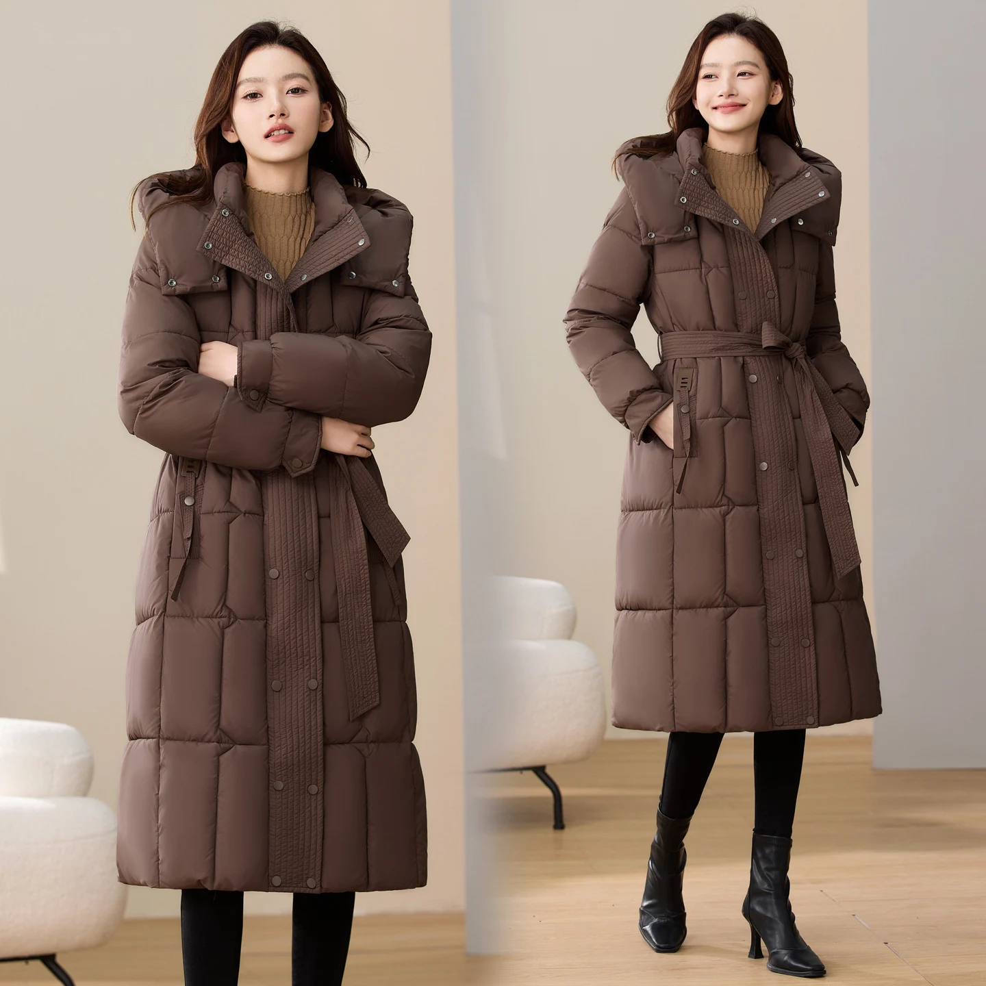 

2025 Winter Thiened Long Cotton Jaet Women's Faionable Sli Belted Over-Knee Coat Trendy Zipper Closure Hooded