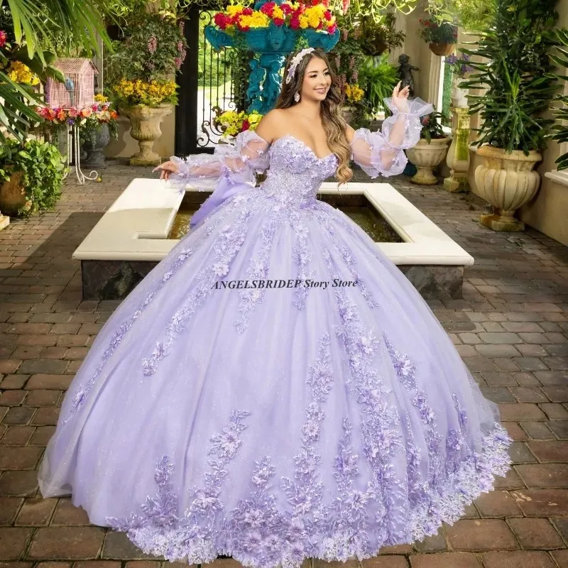 ANGELSBRIDEP-Robes de Quinceanera CAN ac, manches longues bouffantes, appliques en dentelle, perle, hydr-corset, robe éducative Sweet 16, 15 ans, personnalisées