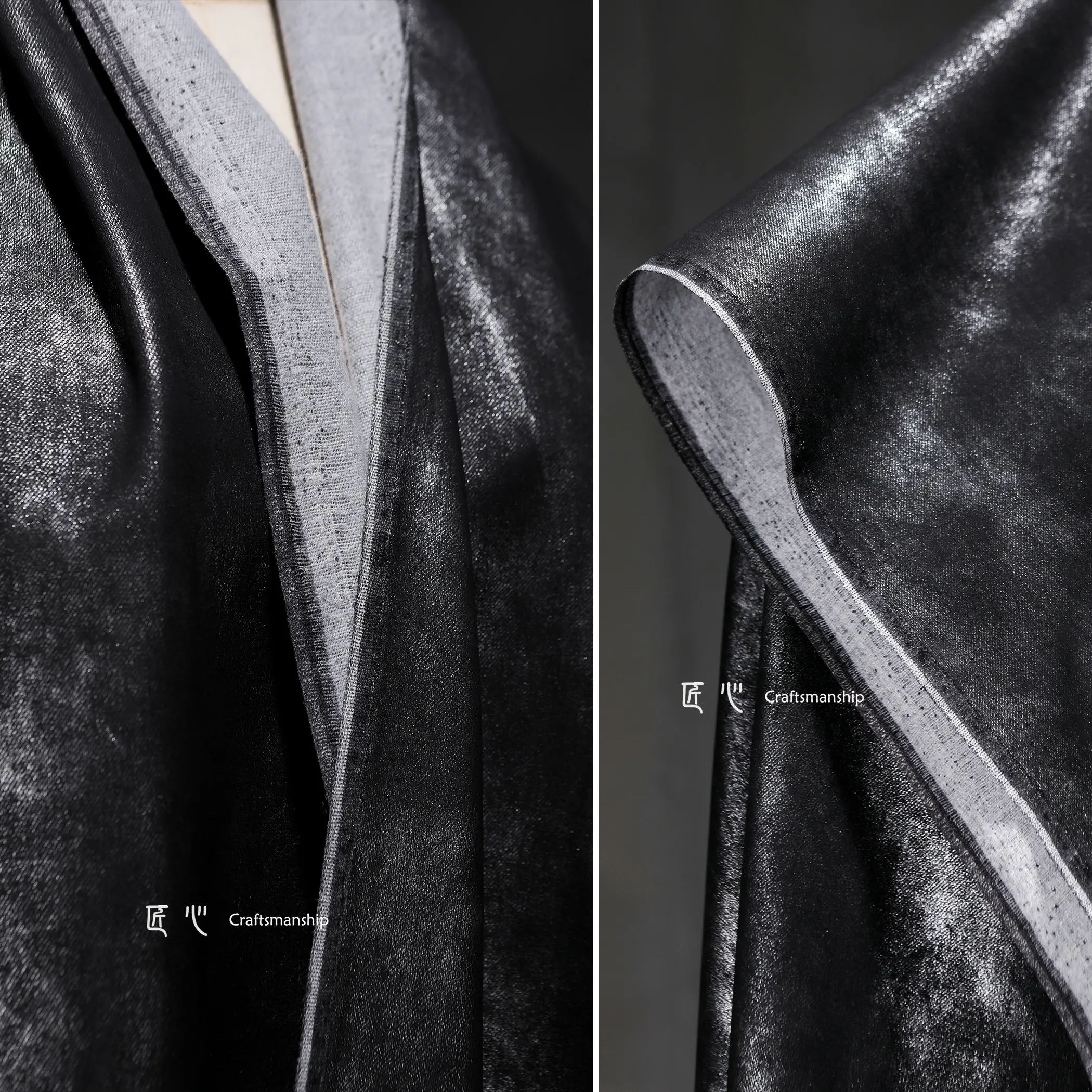 Schwarzes, gelatinartiges Denim-Leder mit Mottel-Effekt und Schimmer, Altes und Wiederverwertetes Knistriges Taschen- und Kleidungsdesigner-Gewebe – Detail 2