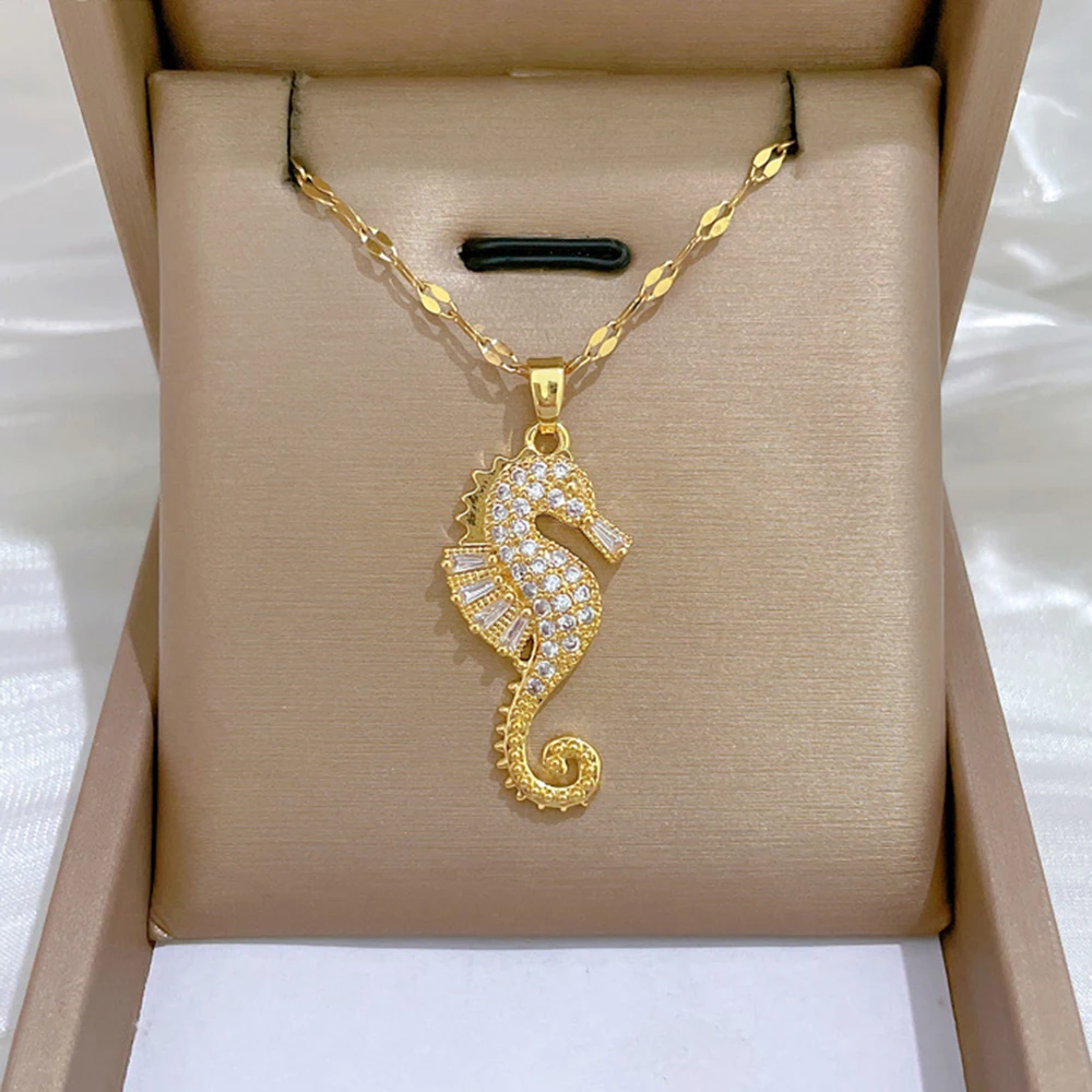 Women's Fashionable Haima Zircon Pendant Necklace Exquisite Stainless Steel Jewelry Accessory Gift