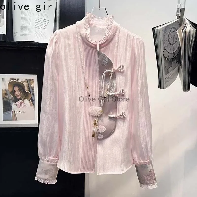 Embroidered Shirt Top Traditional Chinese Retro Women's Top Springautumn High-end Long Sleeve 2025 Button Embroidered Top