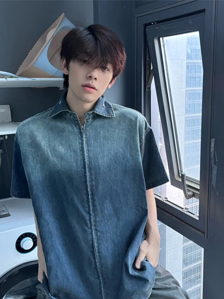 

Retro American Waed adient Denim ort Sve irt Men Summer Thin Zipper Casual irt Jaet Loose Fit Youth Trend Poly...