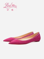 2025 Women's French Rose Red Rivet Flat Shoes Versatile Shallow Mouth Elevated Sharp Head Style for Casual Comfort