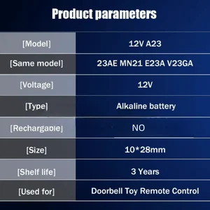 Alkalische Batterie der trockenen Batterie für die Fernbedienungsglocke, 12 V, A23, 23A, 23GA, A23S, E23A, EL12, MN21, MS21, V23GA, L1028, GP23A, LRV08, 5 PCES 8 Hauptverkauf Batterie PAP 12 A3 - №3