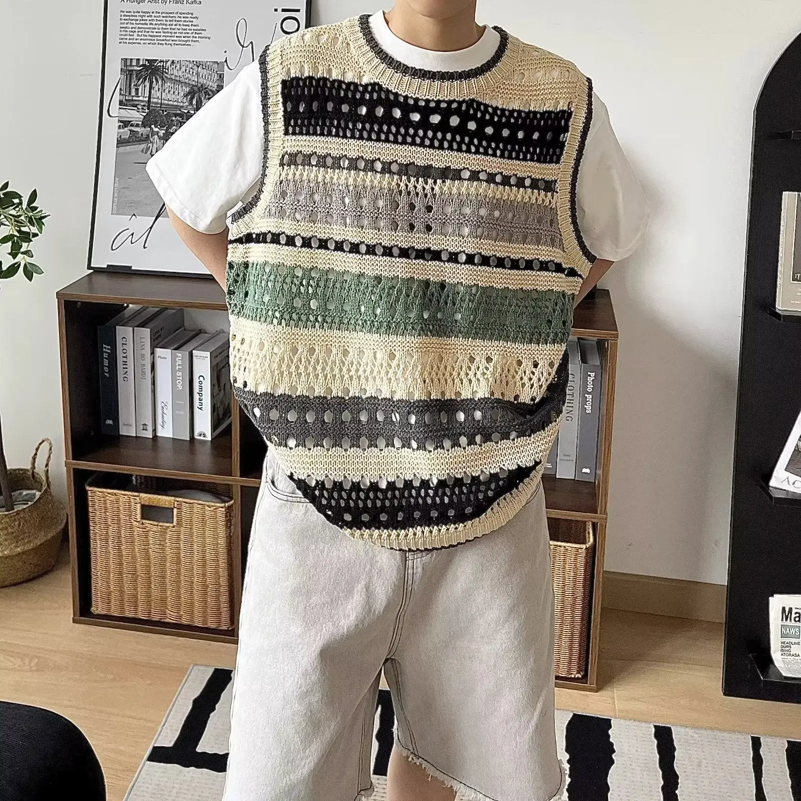 Retro Color Matching Striped Hollow Knitted Outer Vest Men's Summer Loose Design Pullover