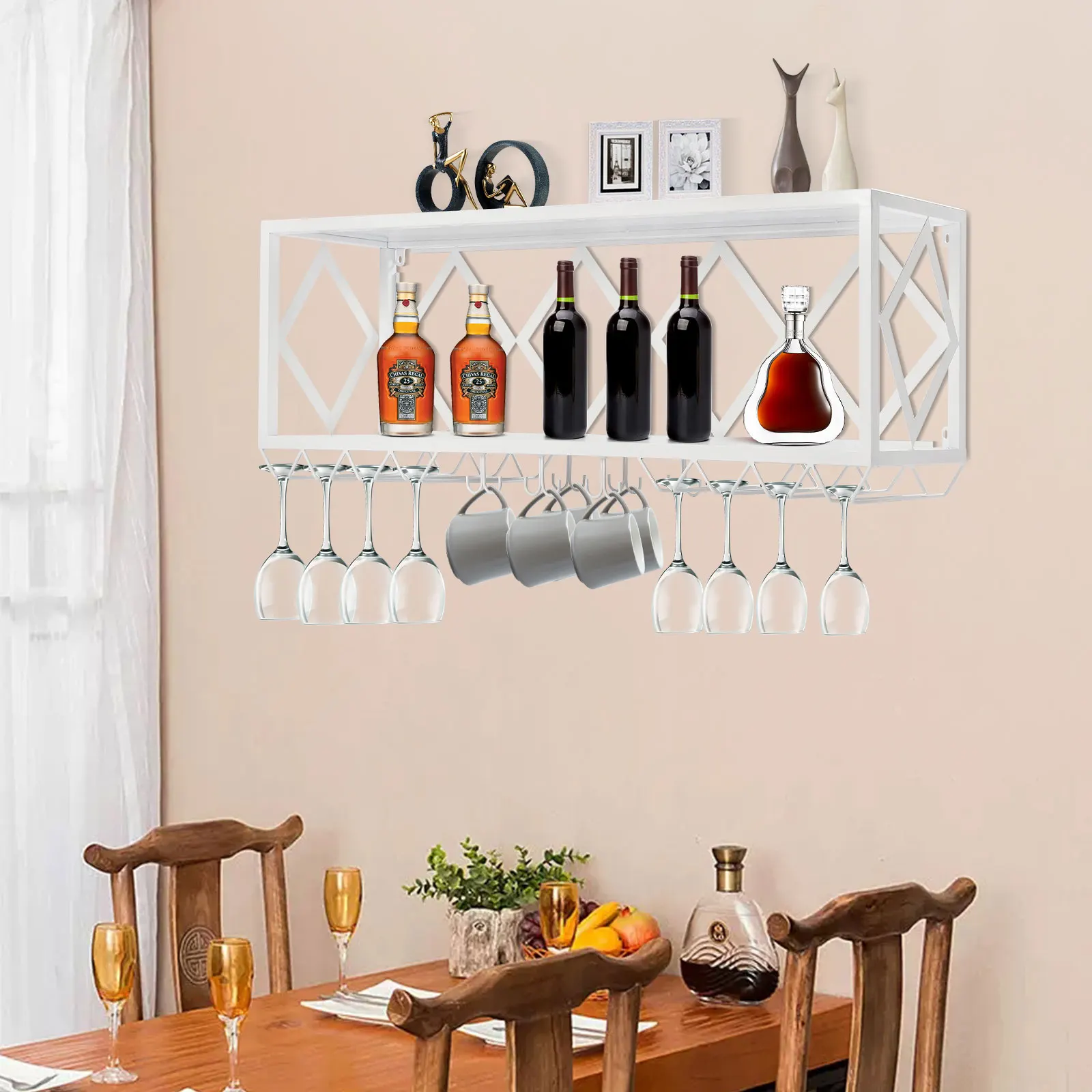 Wine Rack Bar Unit Floating Shelves Wall-Mounted Inverted Wine Glass Rack Iron, Glass Holder Storage Organizer