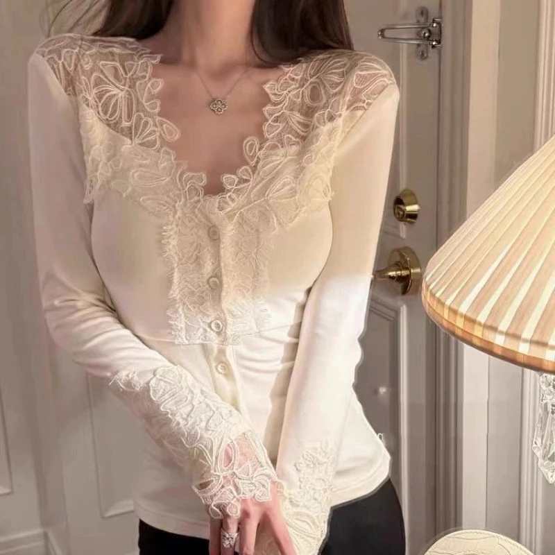 

Women Clothing New Temperament Lace Patchwork Slim Tops Long Sleeve V Neck Solid Elegant T Shirts Korean Fashion Spring Autumn