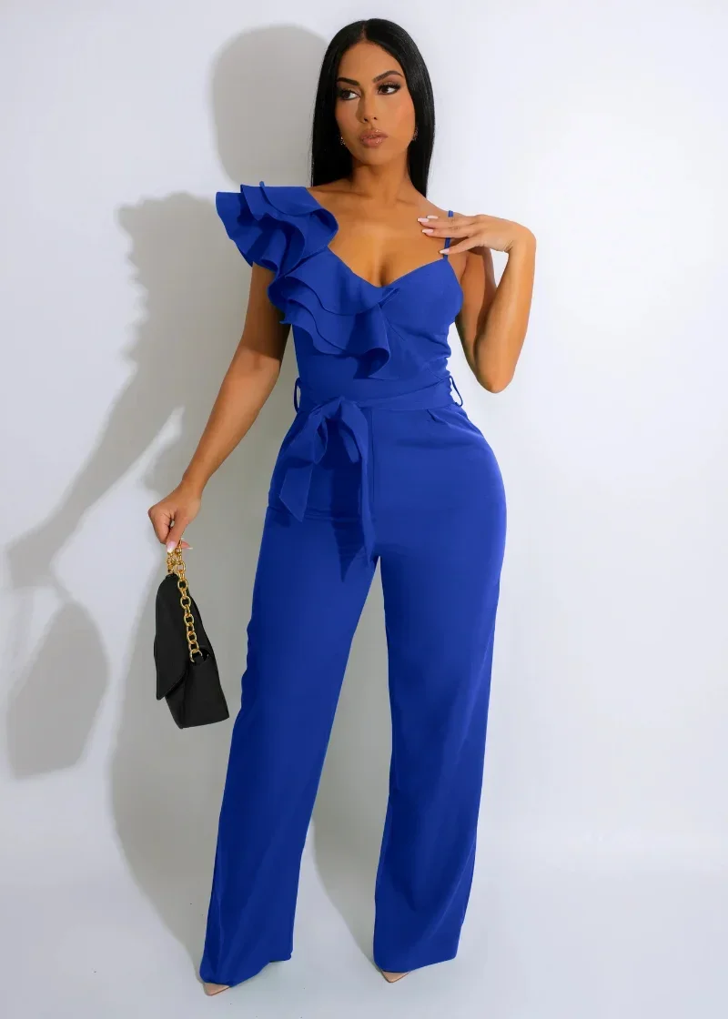 KEXU Vintage Women Butterfly Sleeve Zipper Back Sashes High Waist Straight Wide Leg Jumpsuit 2024 Solid Ruffles Party Overalls