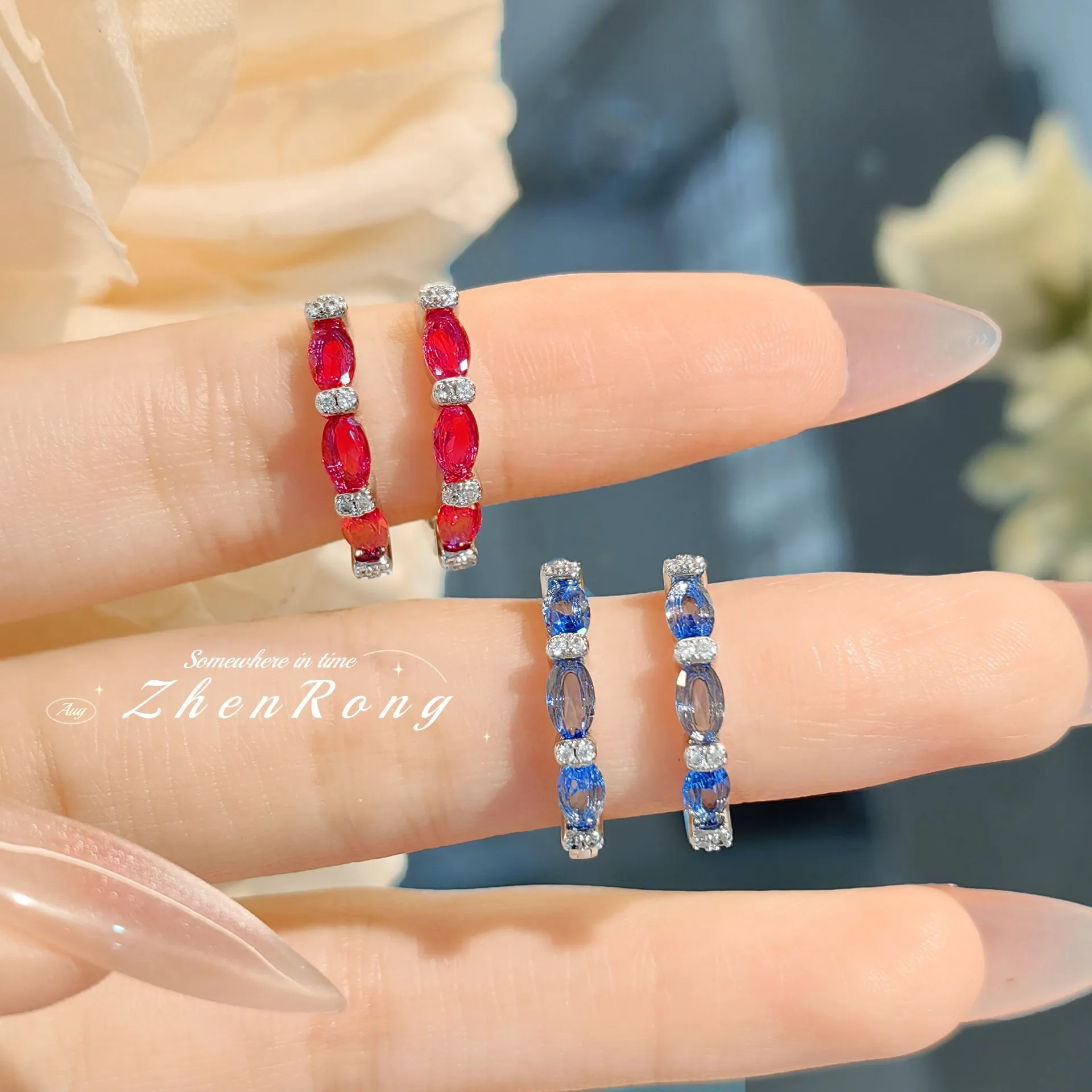 S925sterling silver stud earrings, colored diamond blue spinel earrings, fashion temperament, high sense, red corundum earrings.