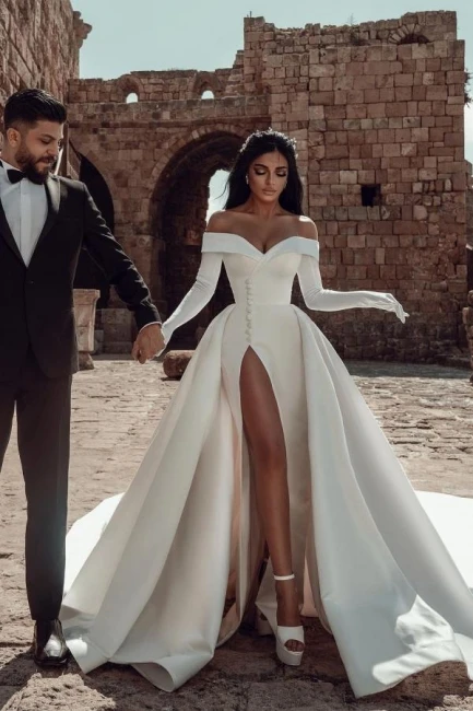 Robe De mariée en Satin, épaules dénudées, boutons perlés, Sexy, fente latérale, arabe, dubaï, Robe De mariée, Court, traîne