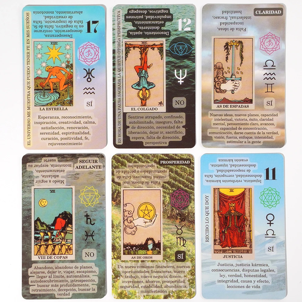 Tarot español para principiantes, Tarot con significado en ellos en las tarjetas, palabras clave, Chakra invertida, elemento del