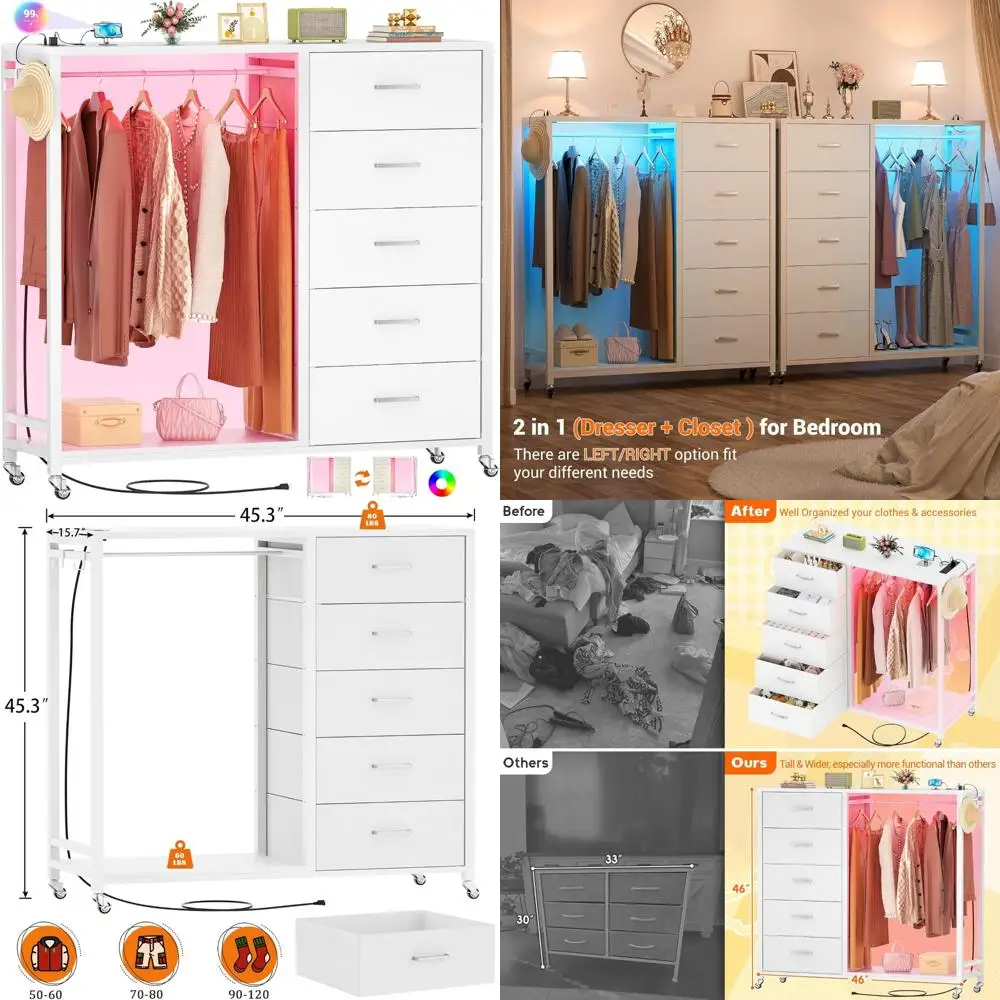 White Bedroom Dresser with 5 Fabric Drawers, Clothes Rack, Charging Station, and LED Lights Storage Chest