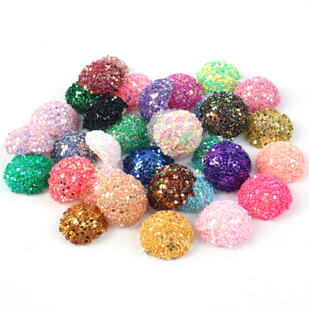 20 Pcs 14mm Chunky Glitter Resin Half Round Pearls For Art Flatback Glue On Rhinestones DIY Hair Bow Shoes Beads Phone Cases