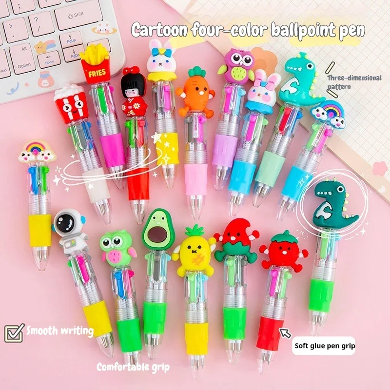 2Pcs/Lot Cute Cartoon Four-Color Mini Ballpoint Pen Kawaii Rabbit Capybara Multicolor Oil Pen School Student Stationery Gifts