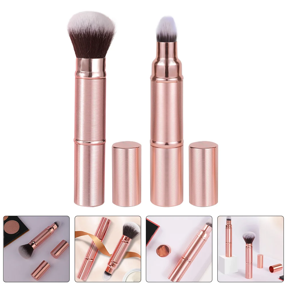 

2Pcs Double-Ended Makeup Brush Retractable Design Portable Foundation Blush Brush Travel Compact Multi-Functional Beauty Tool
