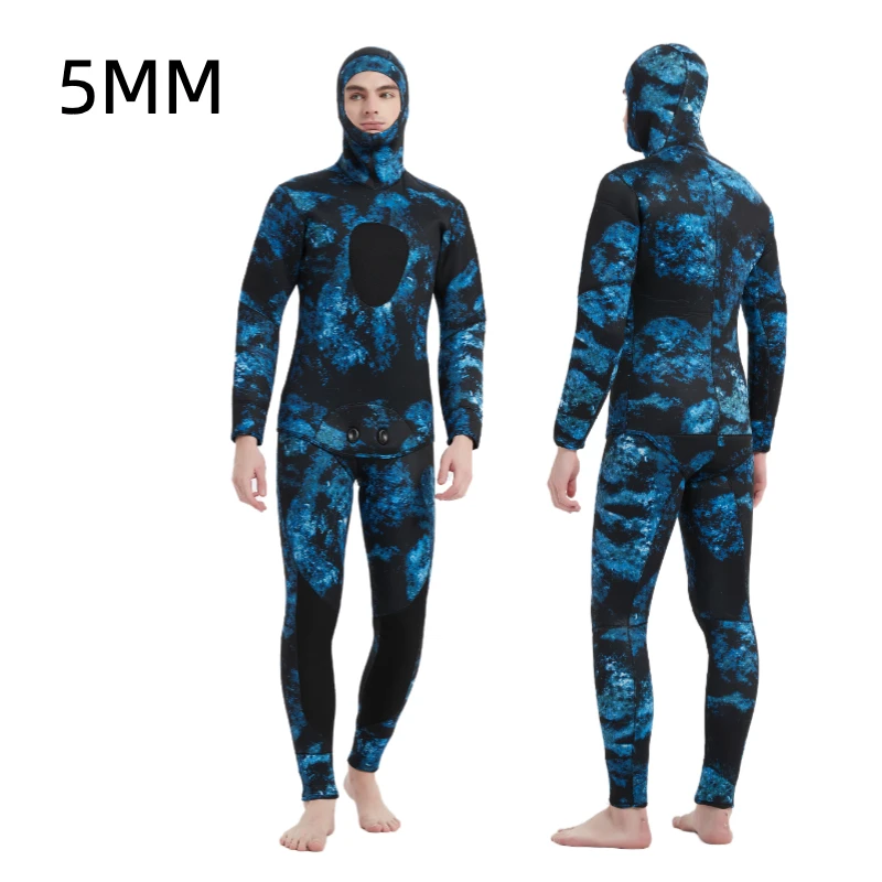 2022 New Camo Neoprene Scuba Diving 5mm Winter Warm Mens Hooded Two Piece Snorkeling Spearfishing Wetsuit