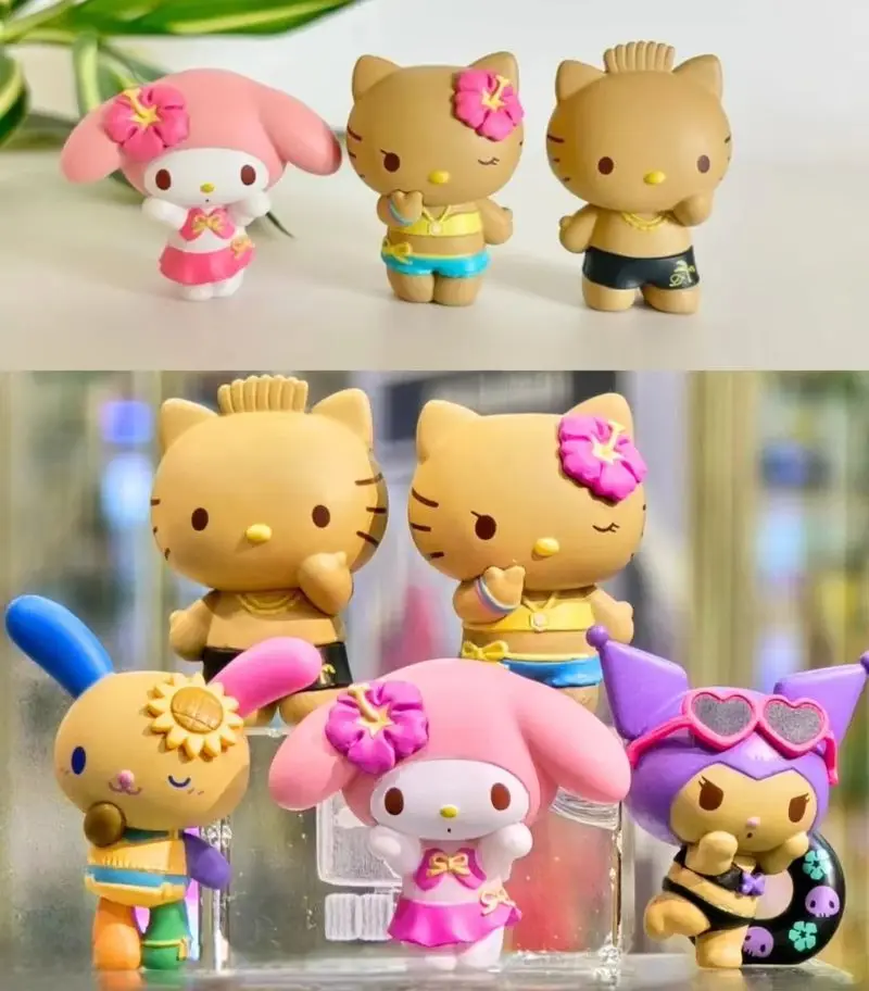 

New In Stock Summer Vacation Blind Box Black Leather Kuromi Kt Cat Flower Little Rabbit Beach Play Style Doll Desktop Surprise