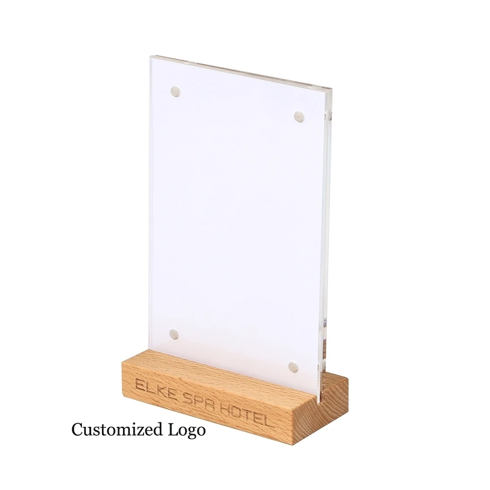 A6/a5/a4 Oak Wood Acrylic Desk Sign Menu Card Holder Price Tag Display Strong Magnetic Poster Frame for Restaurant Advertising