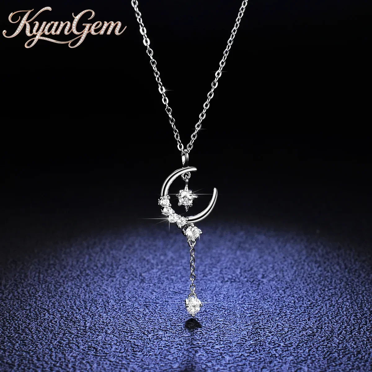 

KyanGem 18K Gold Inlaid 0.1 Carat Moissanite VVS1 Diamond Necklace, Women's Fashion Star And Moon Tassel Collarbone Pendant