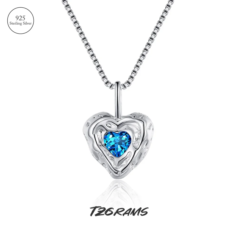 

925 Sterling Silver Blue Heart Pendant Necklace for Women Chic Irregular Heart-shaped Cute Exquisite Daily Wear Jewelry