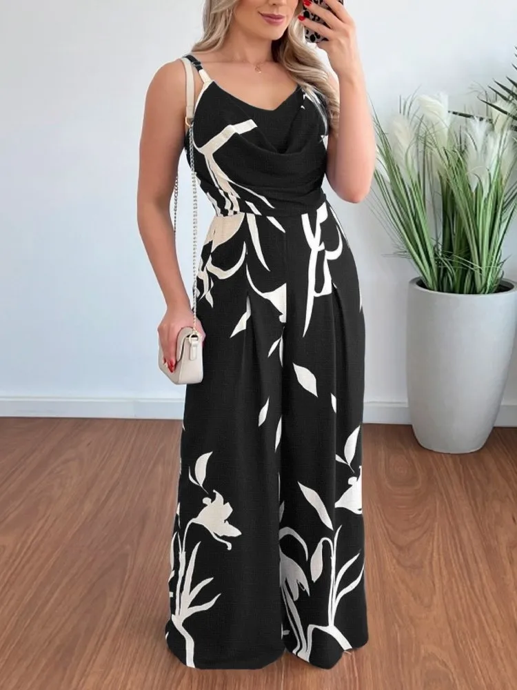 Summer Print Wide Leg Jumpsuit Women\'s Fashion Spaghetti Strap Elegant Office High Waist Casual Long Jumpsuits New 2024