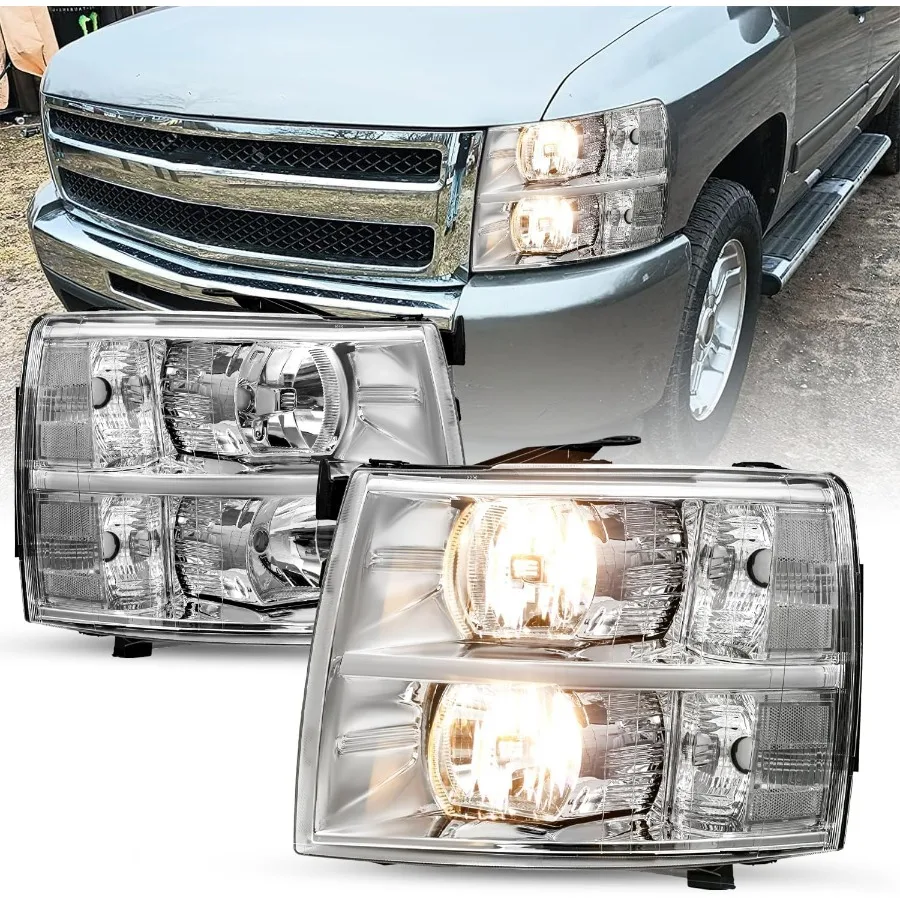 

Chrome Housing Headlight Assembly for 2007-2013 Chevy Silverado 1500 2500HD 3500HD 2014 Old Body Style with Clear Reflector