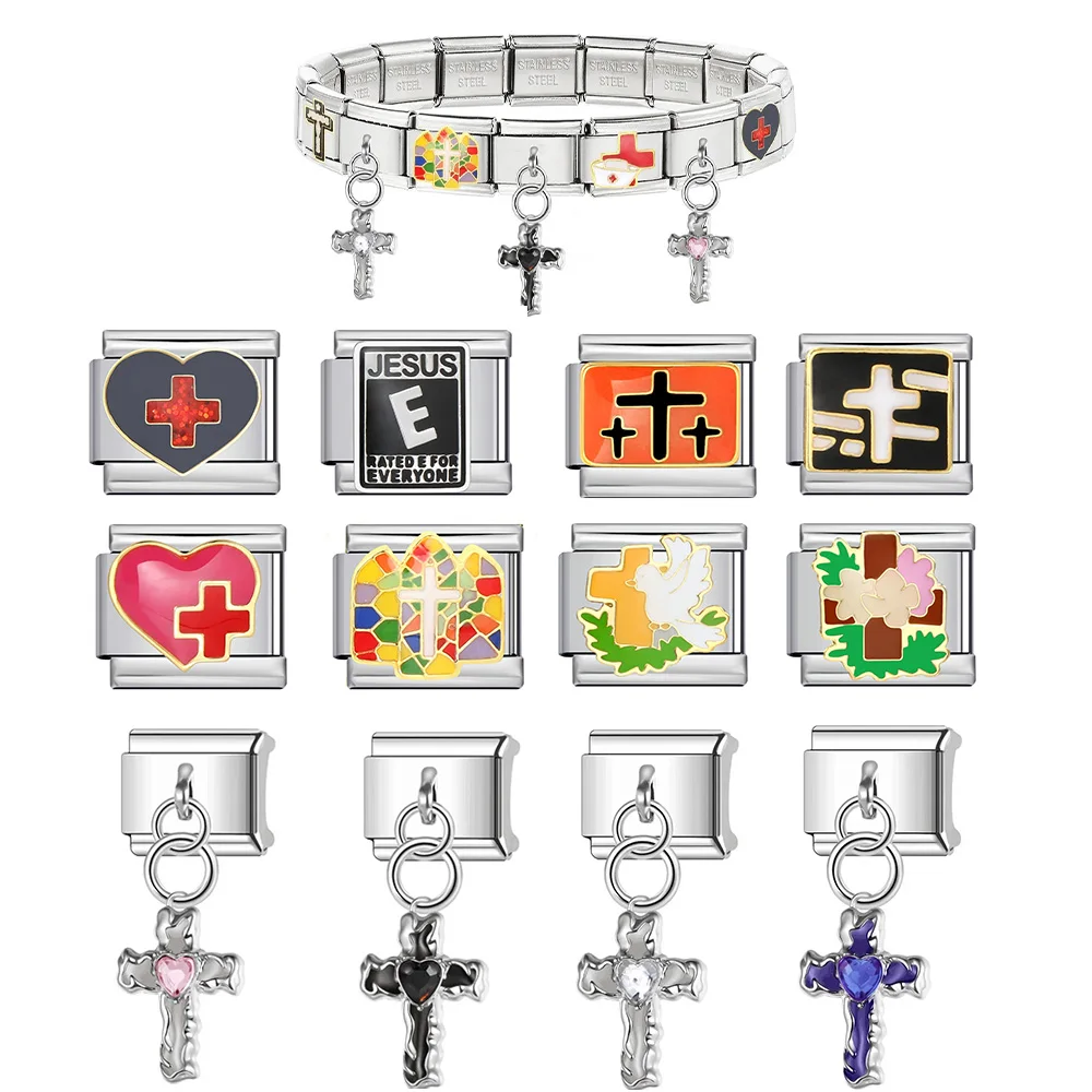

Heart Shape Nurse's Cap Glaze Cross Jesus Fashion Charms Italian Links 9mm Bracelets Bangle Stainless Steel DIY Making Jewelry