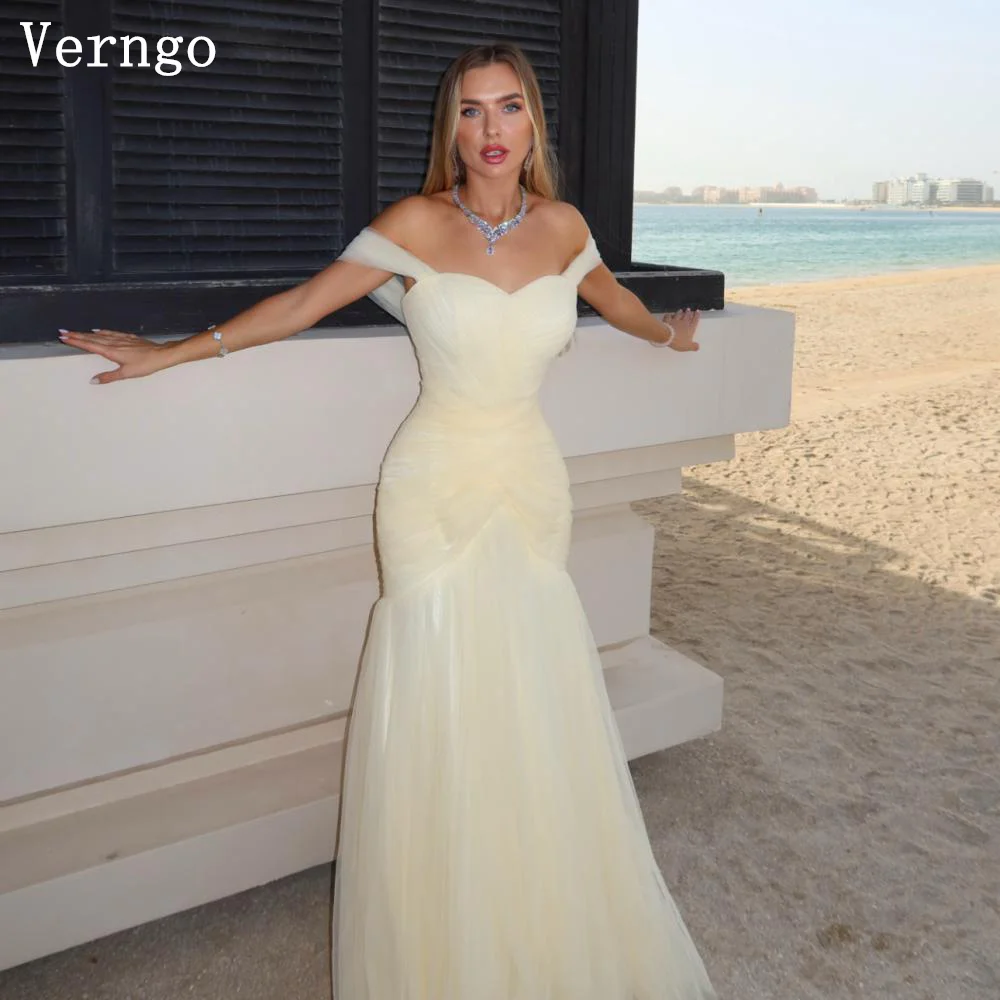 Verngo バターイエロー チュール イブニングドレス オフショルダー マーメイド プリーツ フォーマル オケージョン ドレス エレガント プロムドレス カスタマイズ