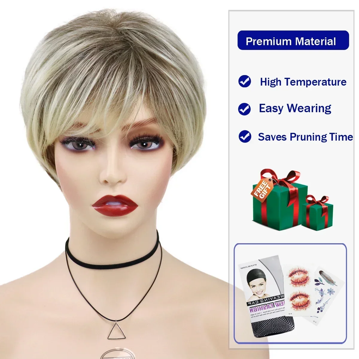 GNIMEGIL Syntetyczne krótkie peruki z fryzurą Pixie dla kobiet Blond Mix Brown Hair Peruka z grzywką Natural Daily Party Use Casual Mommy Wig