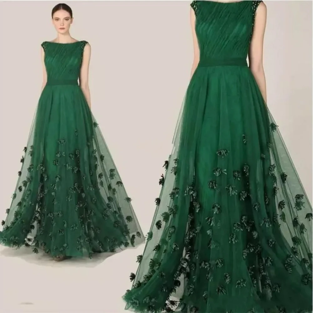 

High Quality Evening Dresses Emerald Green Cap Sleeve Prom Gowns Women Custom Made Lace Appliques Special Occasion Dress