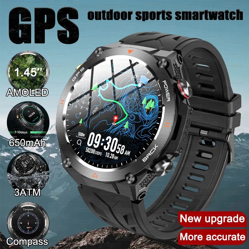 2024New Outdoor Military GPS Smart Watch Men AMOLED Screen Heart Rate Bluetooth Call IP68 Waterproof Smartwatches 650mAh Battery